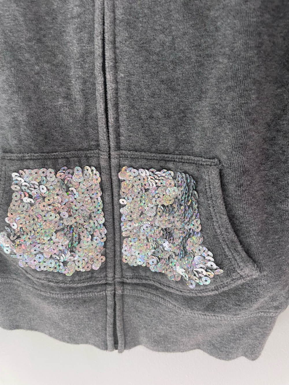 Sequin 3D Bear Ears Hoodie! Sequins on Ears, Pockets & Sleeves, Soft Gray Velour - Picture 10 of 14